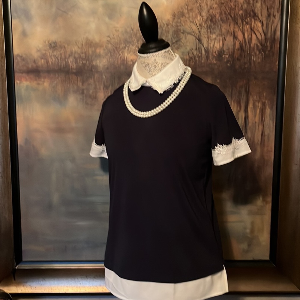 Karl Lagerfeld Embroidered Peter Pan Collar Navy Layered Look Blouse
